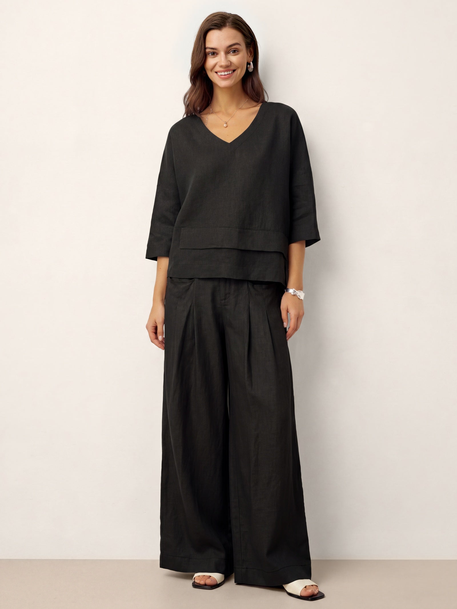 100% Linen Drop Shoulder Asymmetric Layered Hem Overtop VIOLA