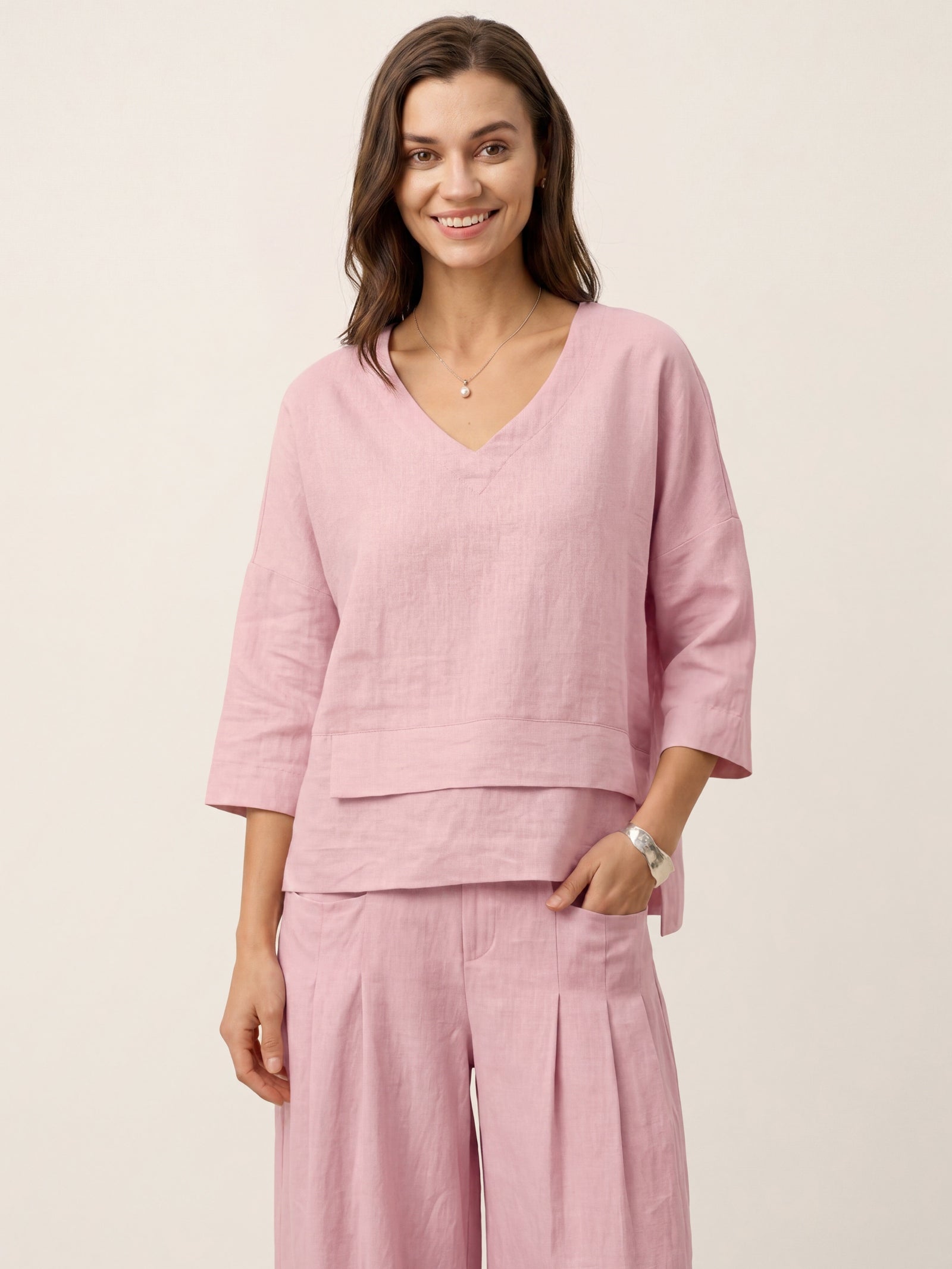 100% Linen Drop Shoulder Asymmetric Layered Hem Overtop VIOLA