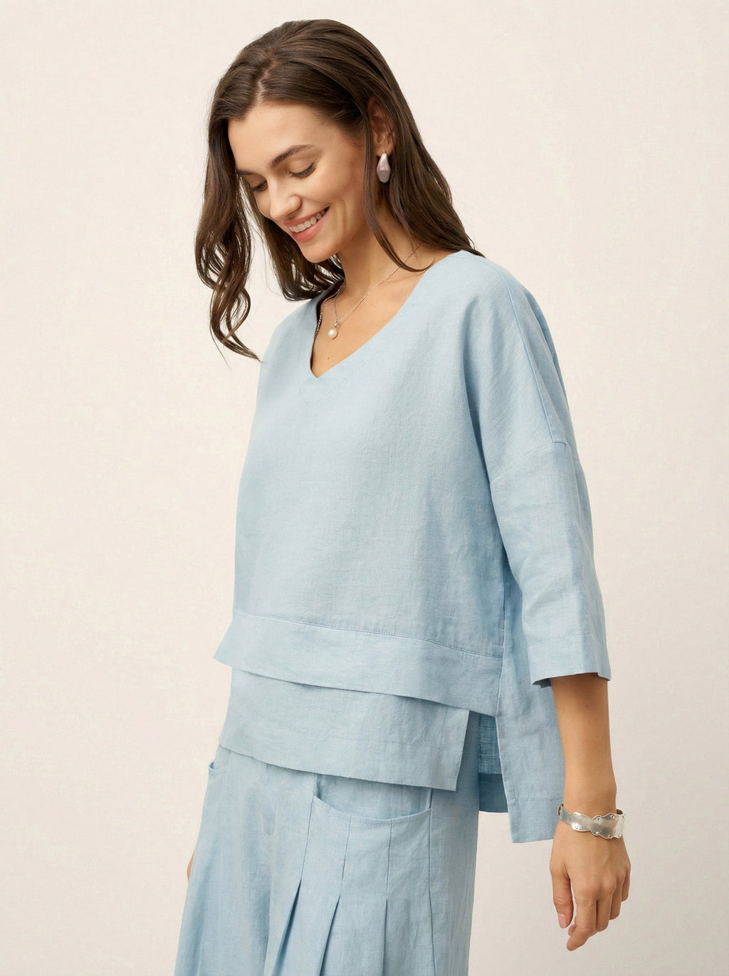100% Linen Drop Shoulder Asymmetric Layered Hem Overtop VIOLA