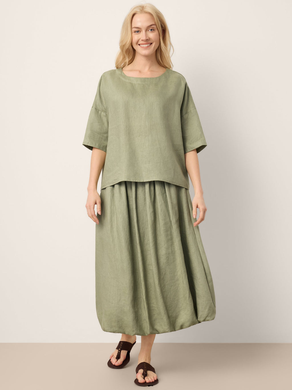 100% Linen Drop Shoulder Shirred Back High-Low Hem Top LINDSEY