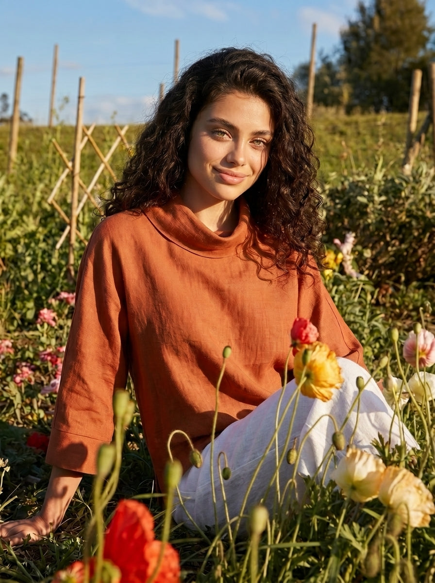 100% Linen Dropped Collar Long-Sleeve Top TRISTAN
