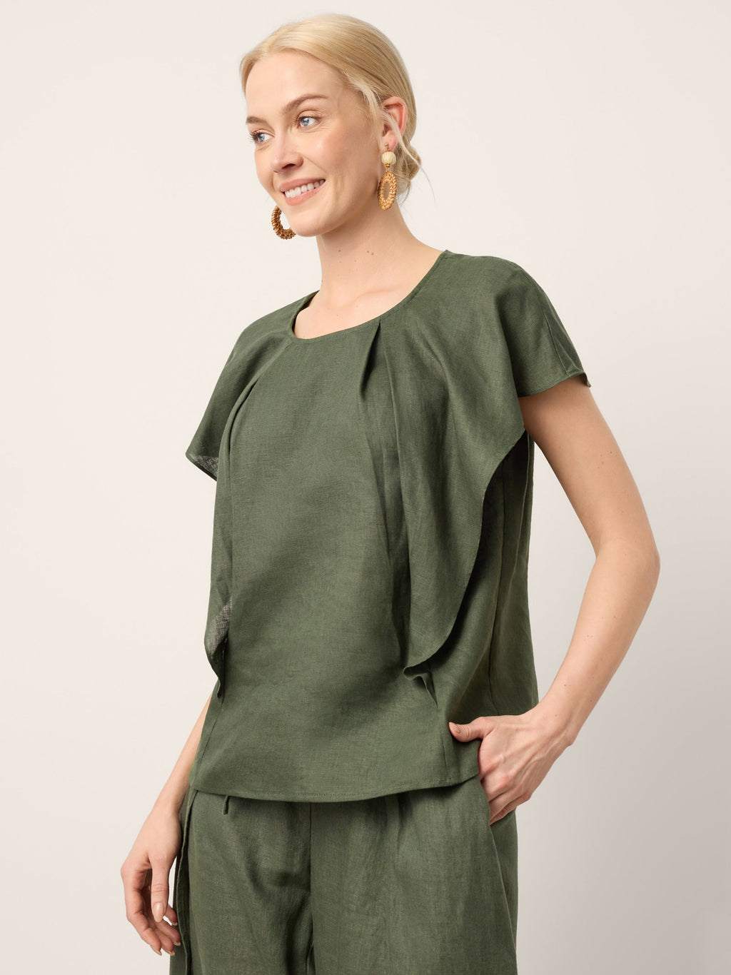 100% Linen Flutter Sleeve Sculpted Pleat Top DRUSILLA