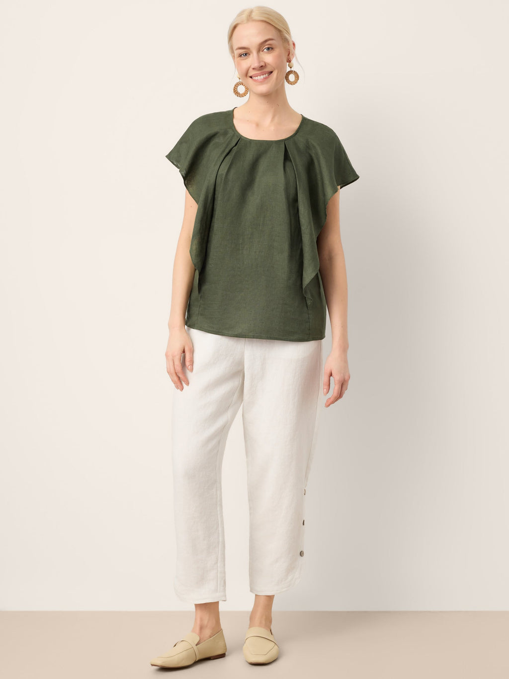 100% Linen Flutter Sleeve Sculpted Pleat Top DRUSILLA