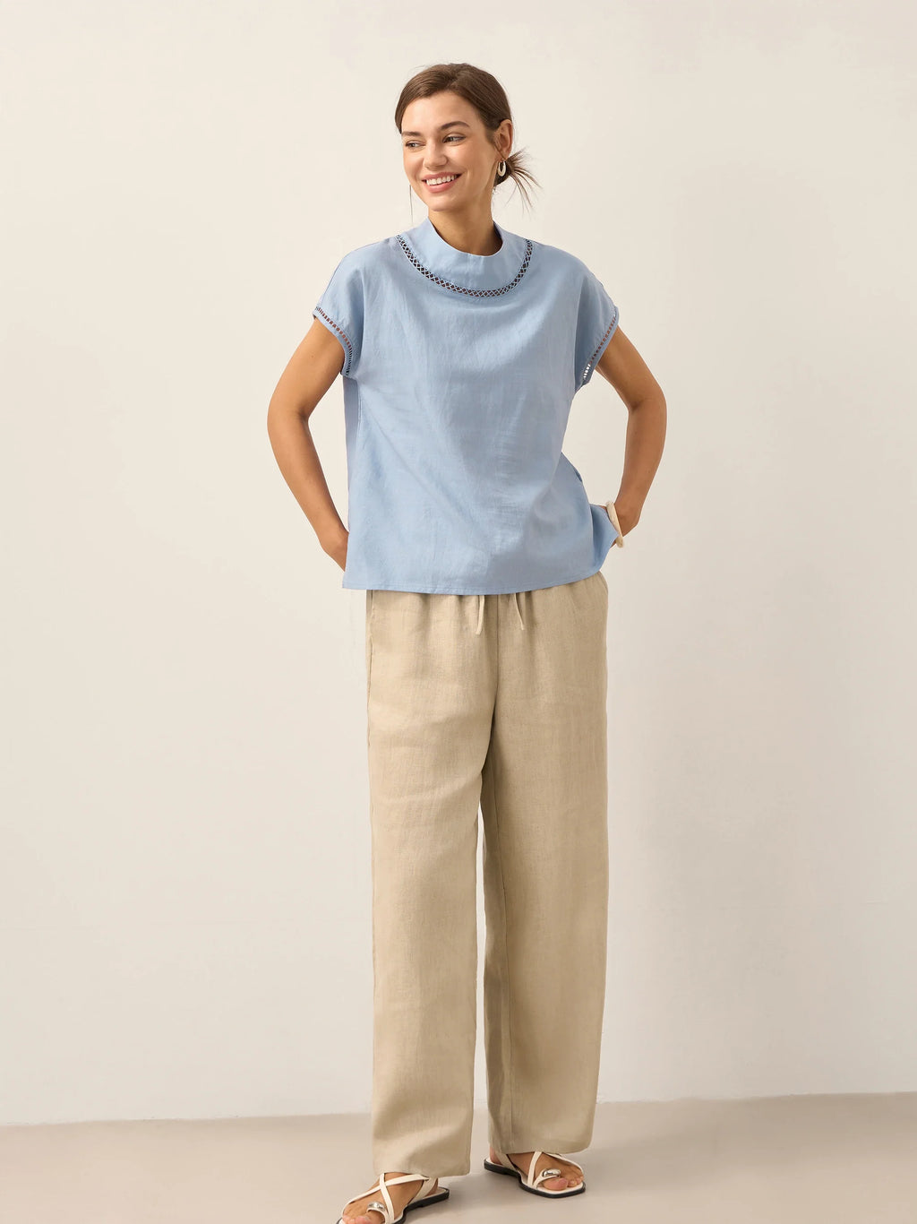 100% Linen Gingham Checked Cutout Turtleneck Top CAROL