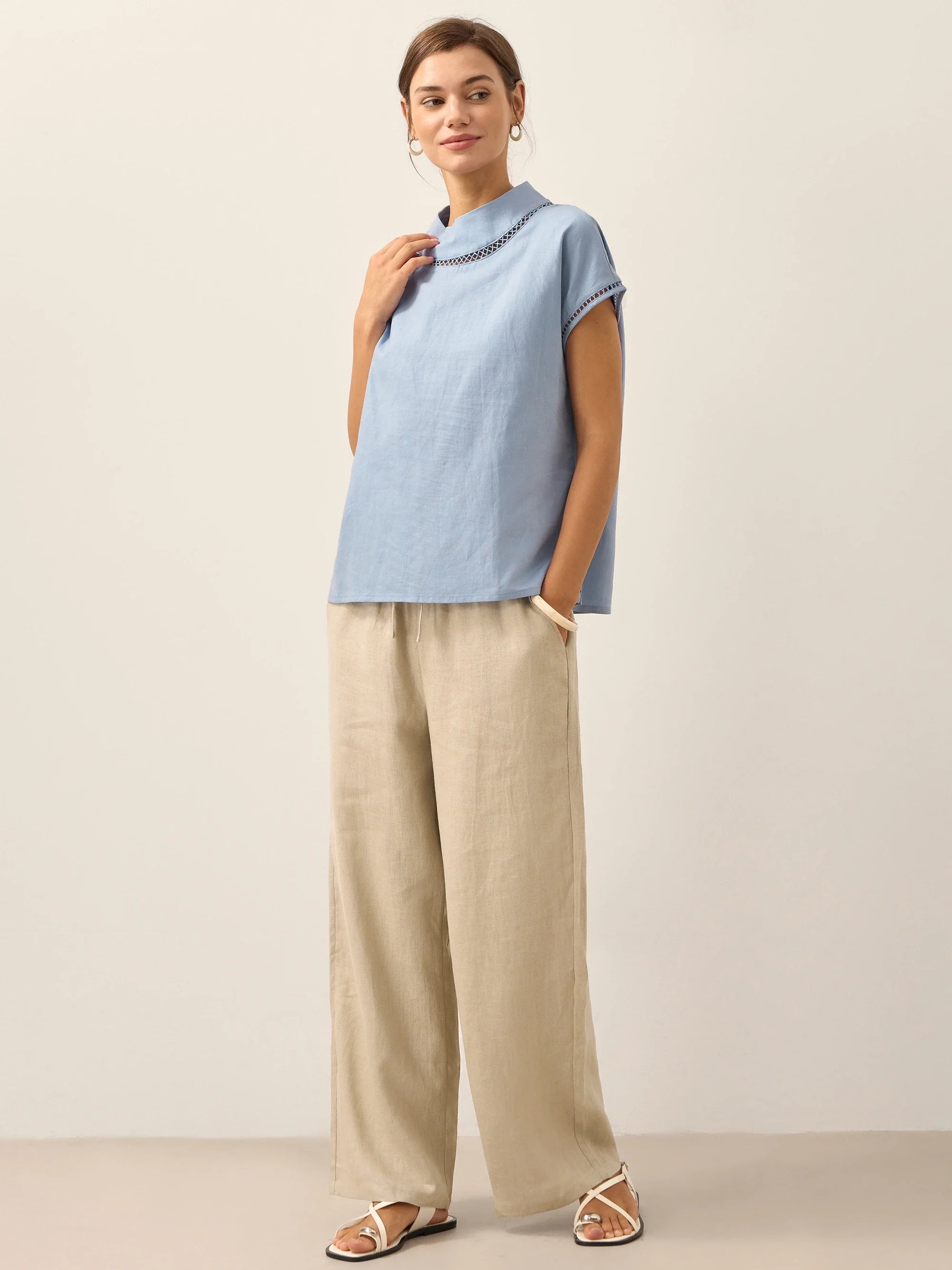 100% Linen Gingham Checked Cutout Turtleneck Top CAROL
