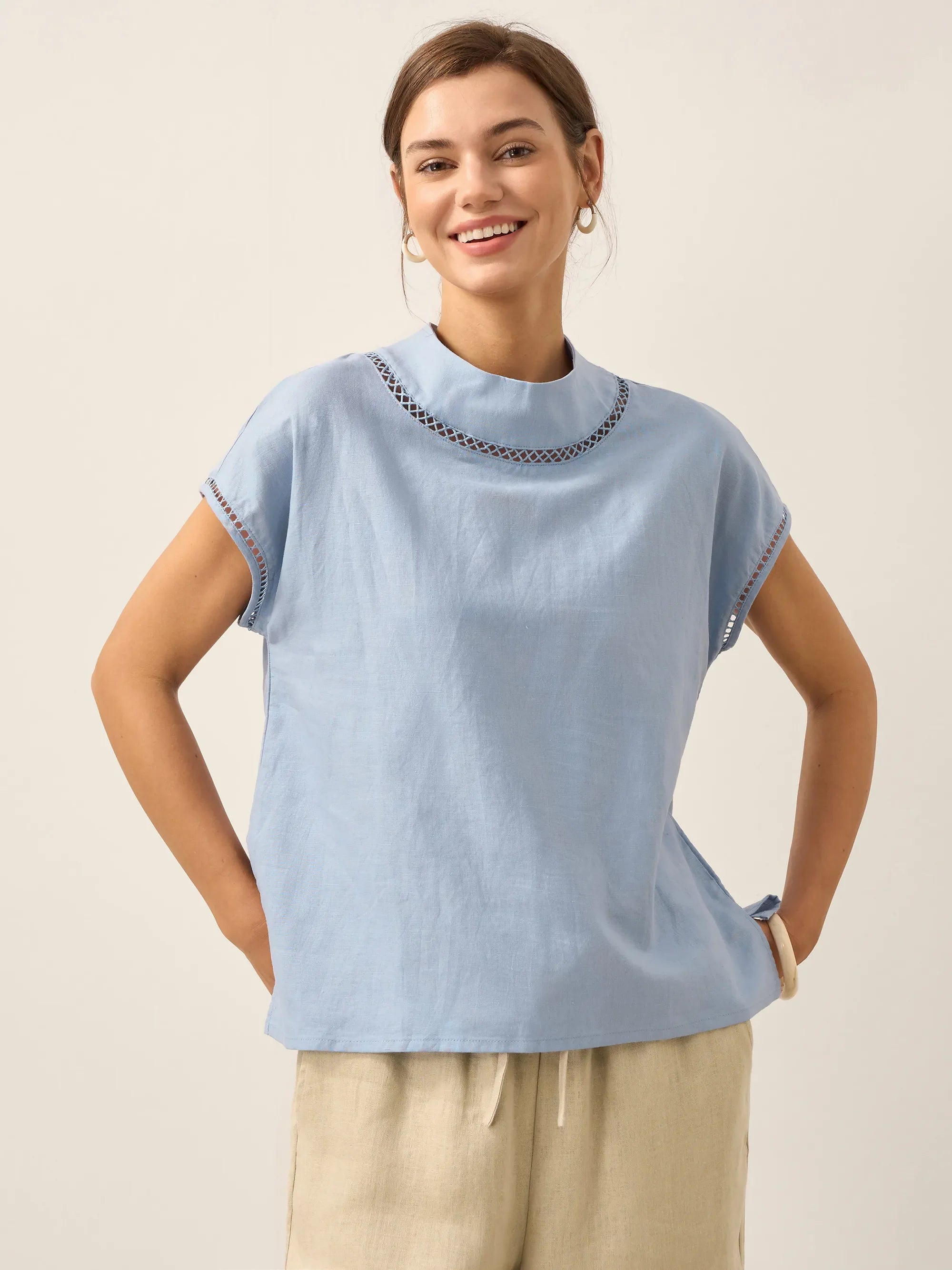 100% Linen Gingham Checked Cutout Turtleneck Top CAROL