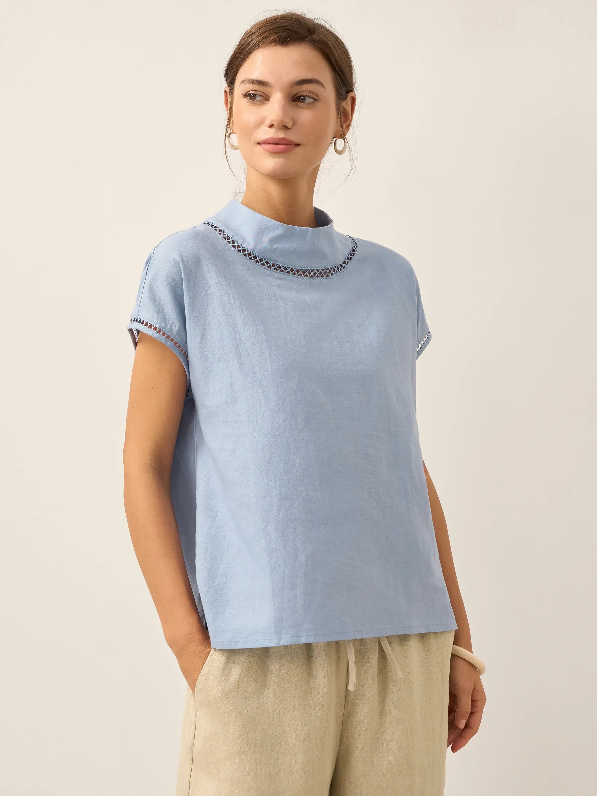 100% Linen Gingham Checked Cutout Turtleneck Top CAROL