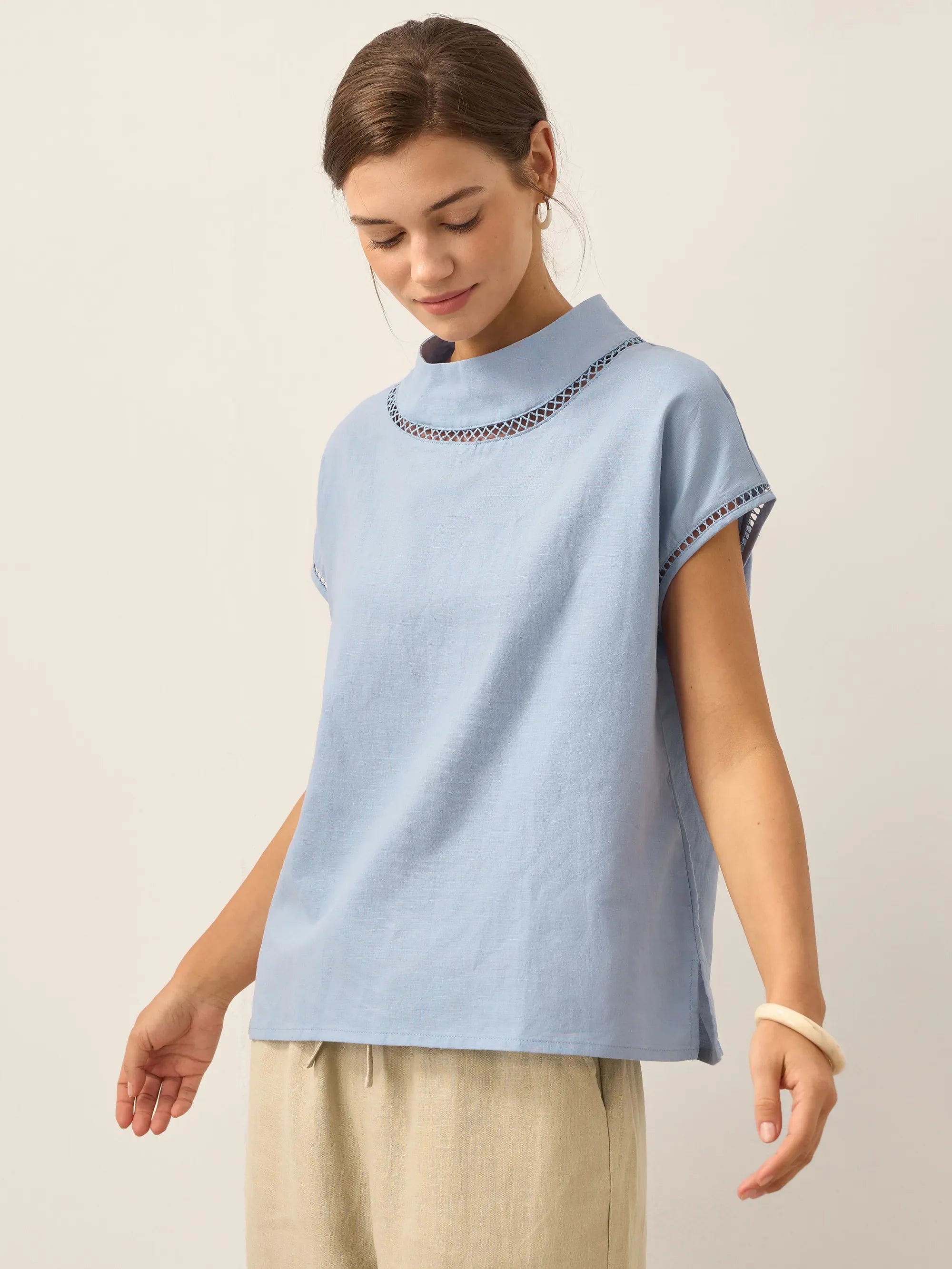 100% Linen Gingham Checked Cutout Turtleneck Top CAROL