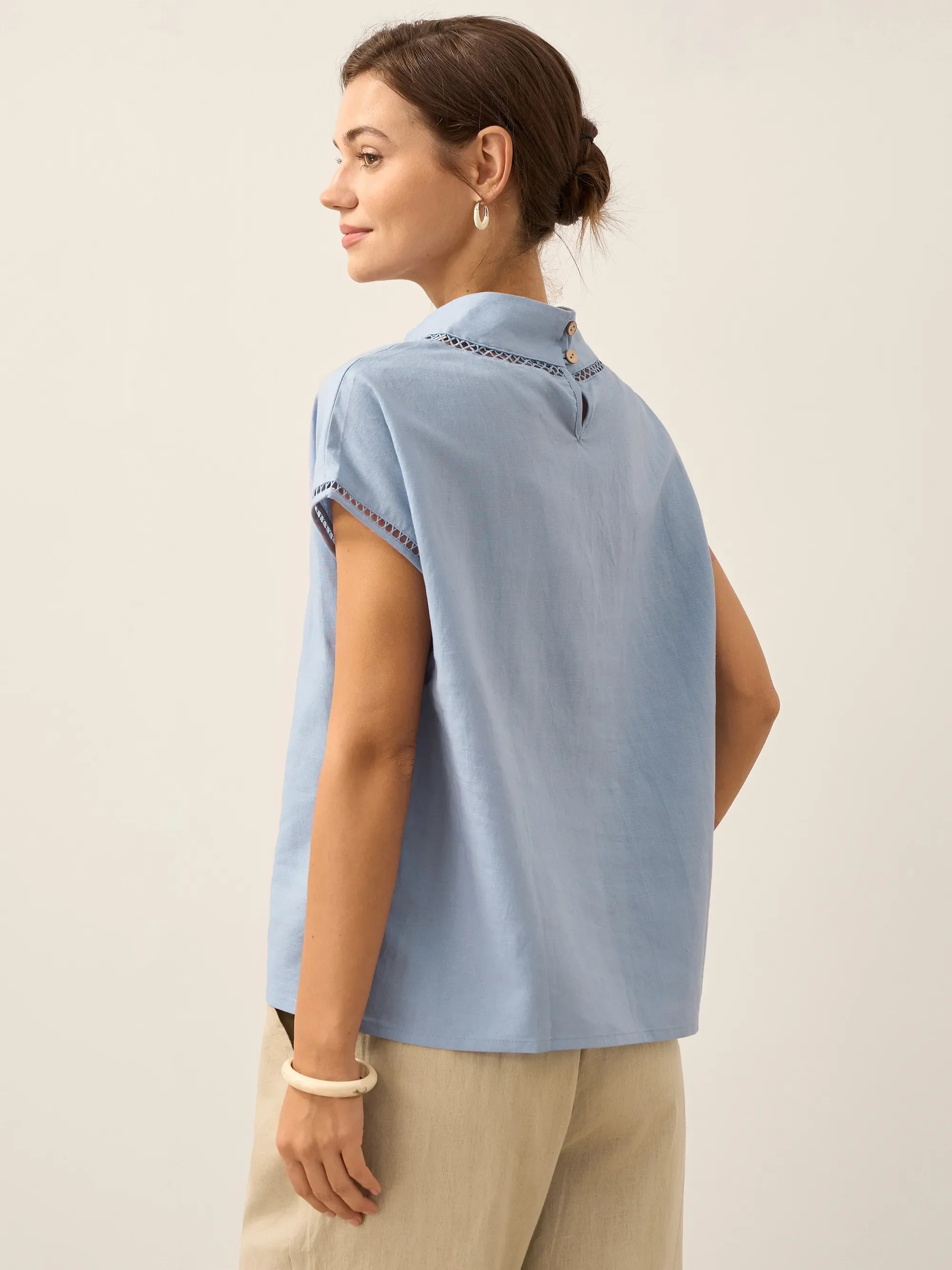 100% Linen Gingham Checked Cutout Turtleneck Top CAROL