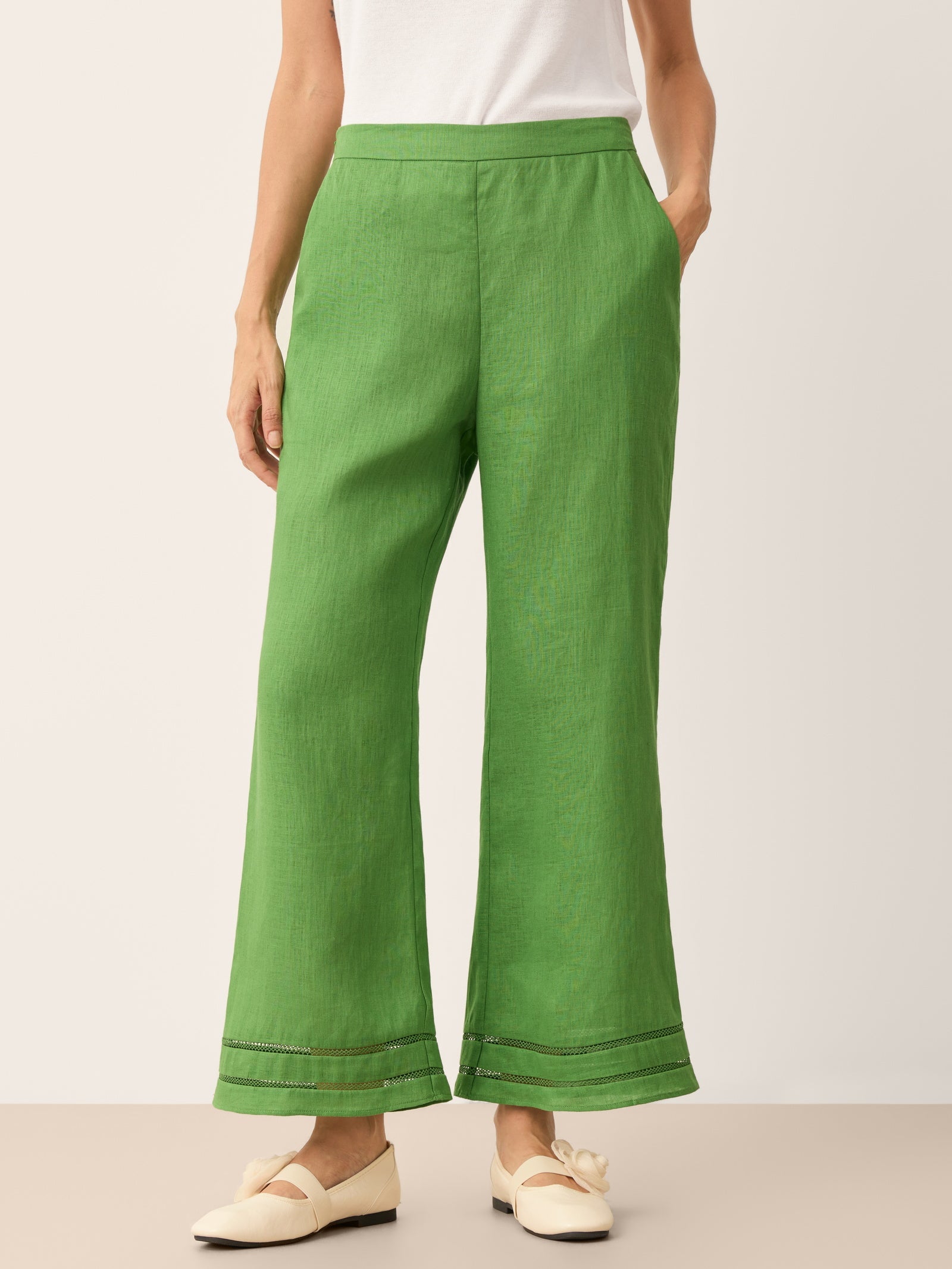 100% Linen Lace Trim Elasticated Waist Cropped Flare Pants NERINA