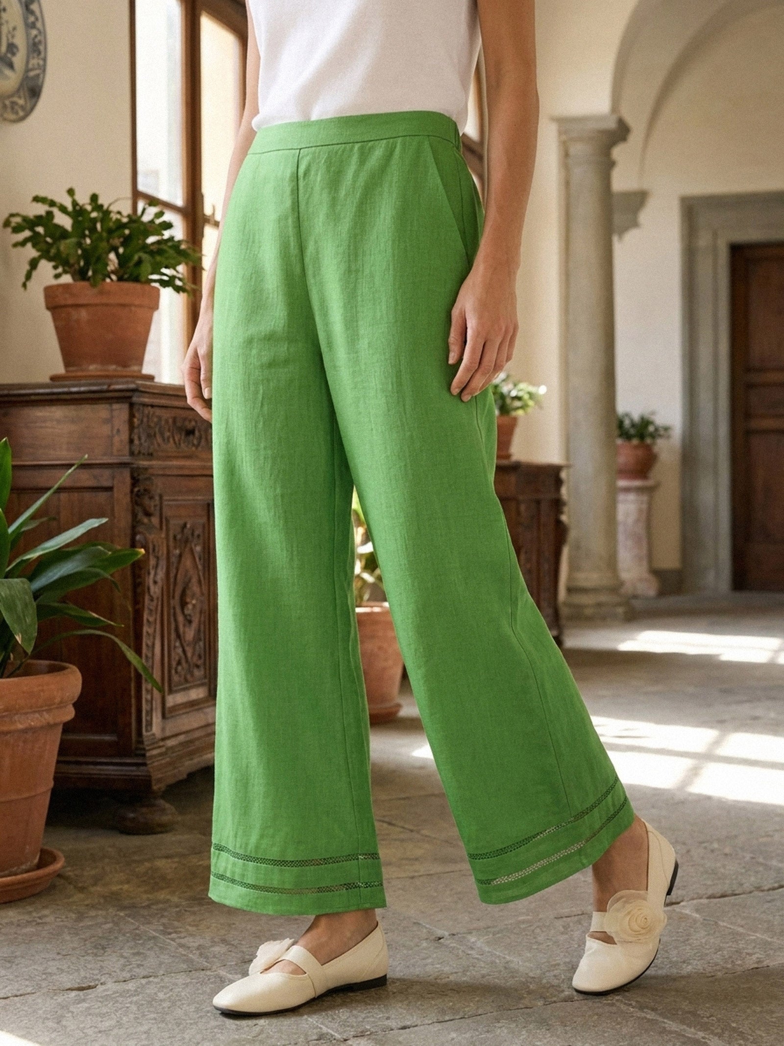 100% Linen Lace Trim Elasticated Waist Cropped Flare Pants NERINA