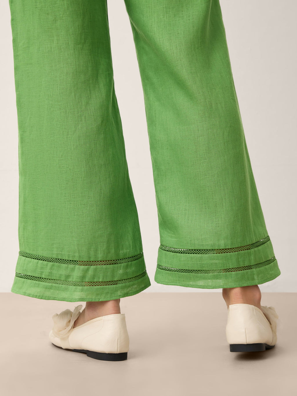 100% Linen Lace Trim Elasticated Waist Cropped Flare Pants NERINA