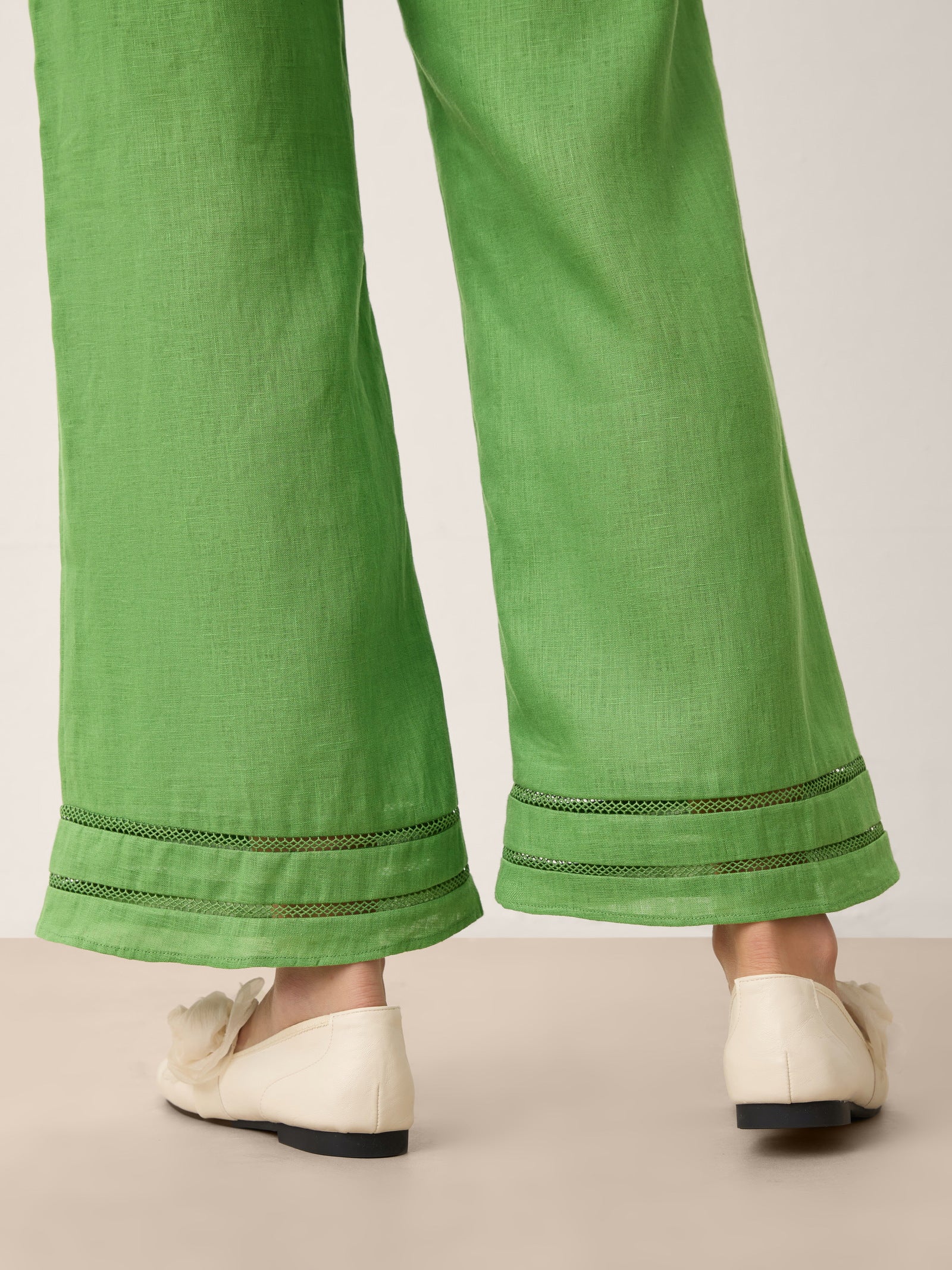 100% Linen Lace Trim Elasticated Waist Cropped Flare Pants NERINA
