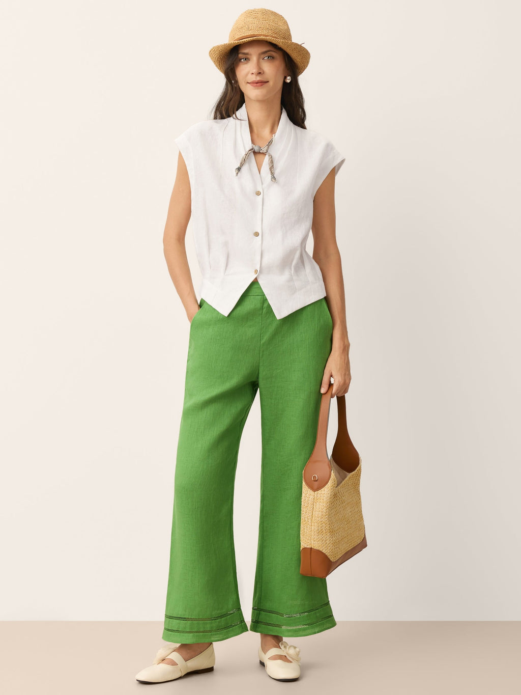 100% Linen Lace Trim Elasticated Waist Cropped Flare Pants NERINA
