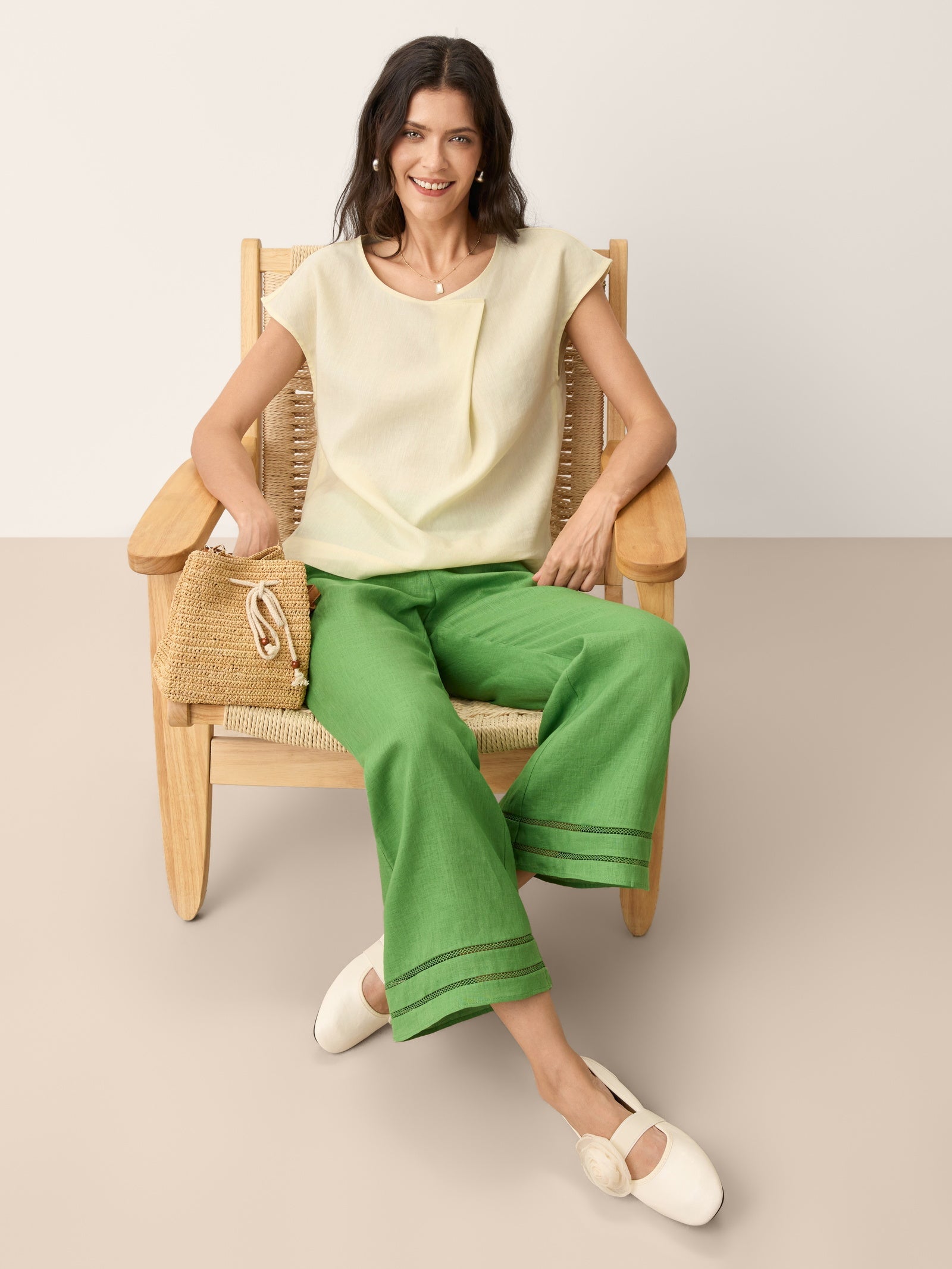 100% Linen Lace Trim Elasticated Waist Cropped Flare Pants NERINA