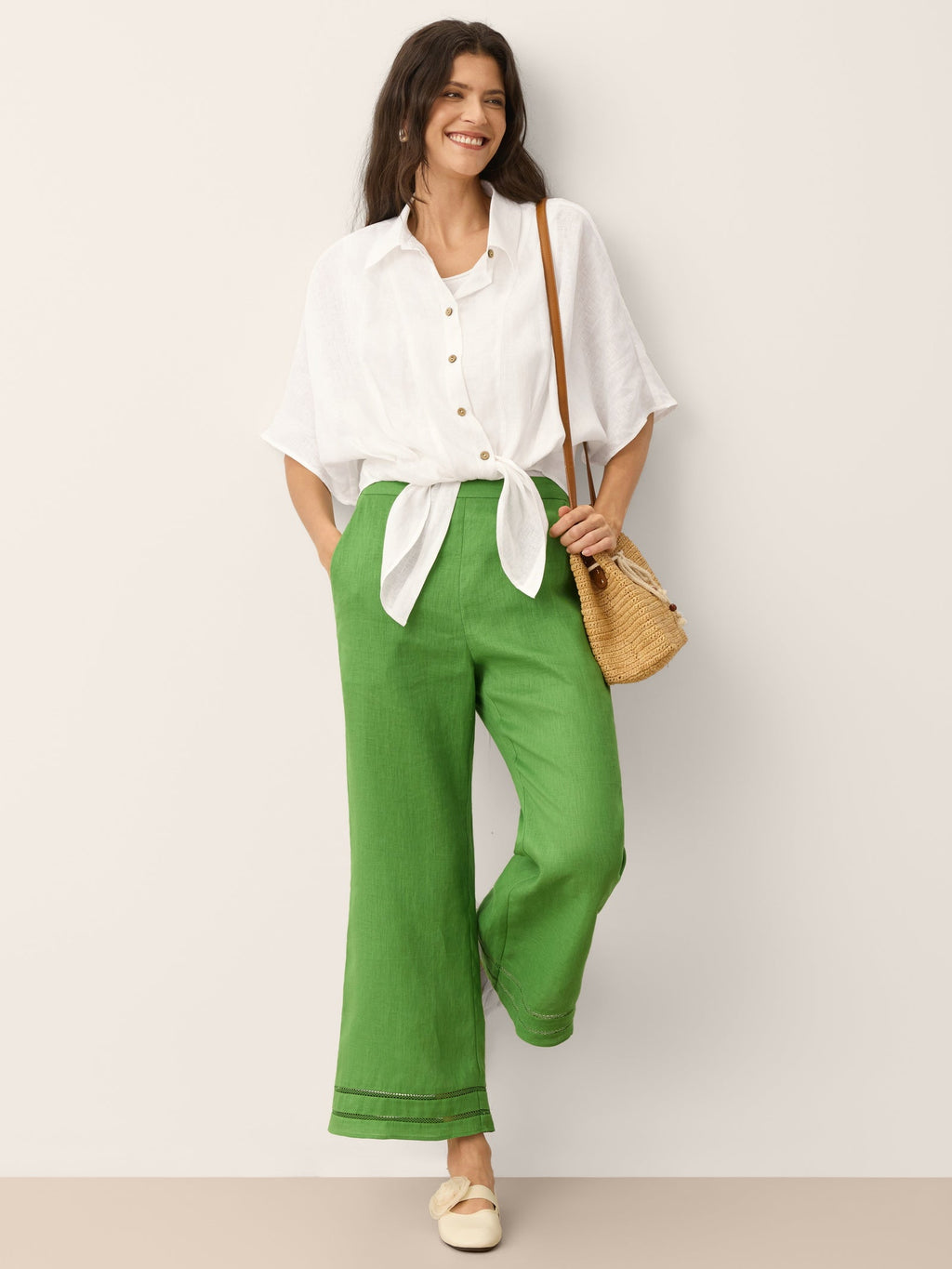 100% Linen Lace Trim Elasticated Waist Cropped Flare Pants NERINA