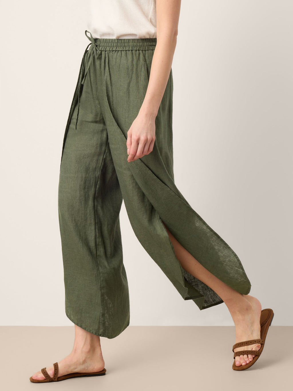 100% Linen Layered Slit Wide-Leg Drawstring Pants PEREGRINE