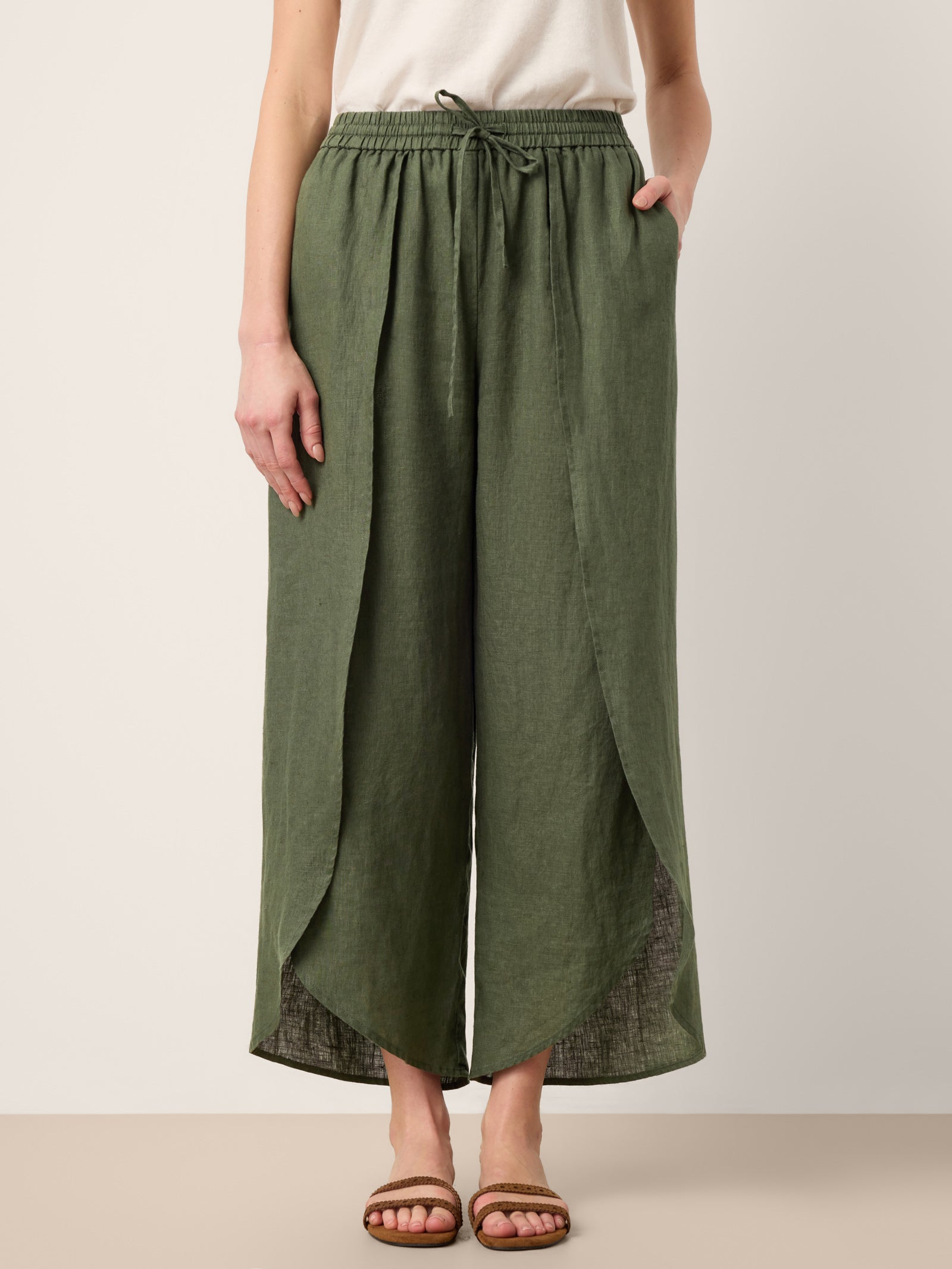 100% Linen Layered Slit Wide-Leg Drawstring Pants PEREGRINE