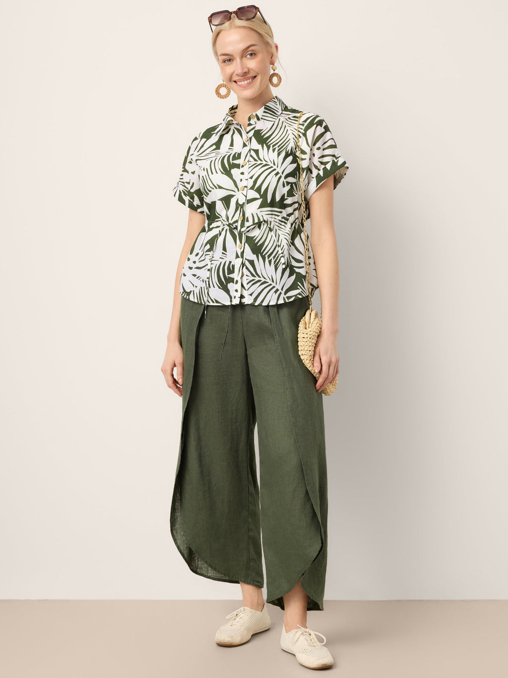 100% Linen Layered Slit Wide-Leg Drawstring Pants PEREGRINE