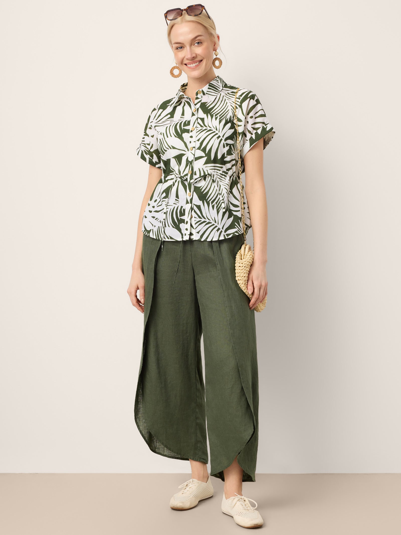 100% Linen Layered Slit Wide-Leg Drawstring Pants PEREGRINE