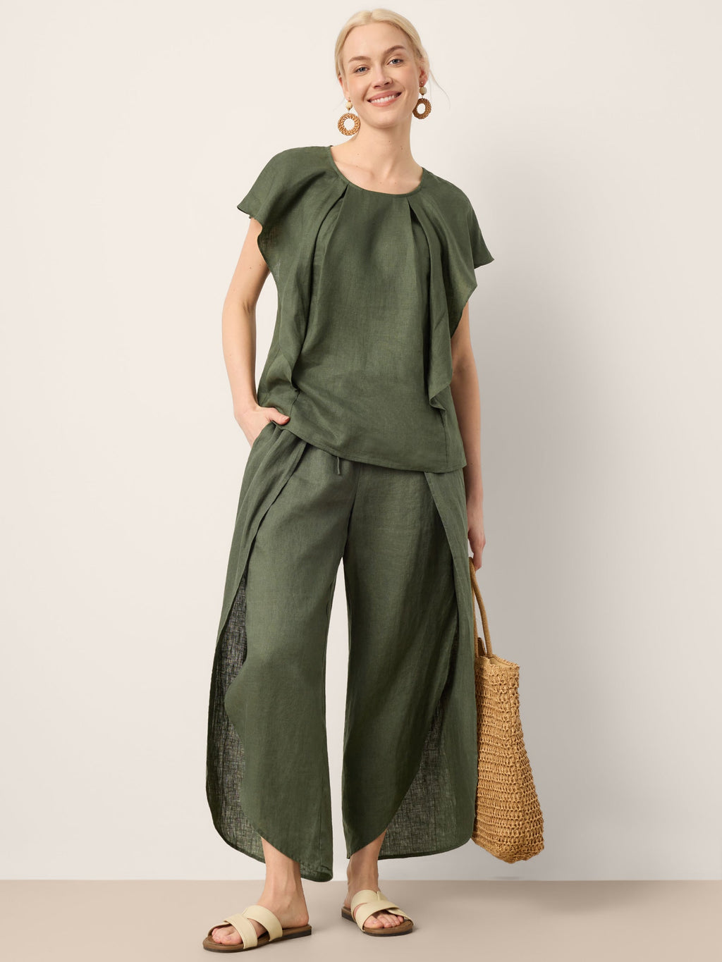 100% Linen Layered Slit Wide-Leg Drawstring Pants PEREGRINE