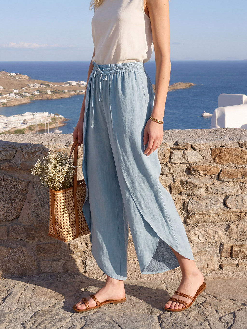 100% Linen Layered Slit Wide-Leg Drawstring Pants PEREGRINE