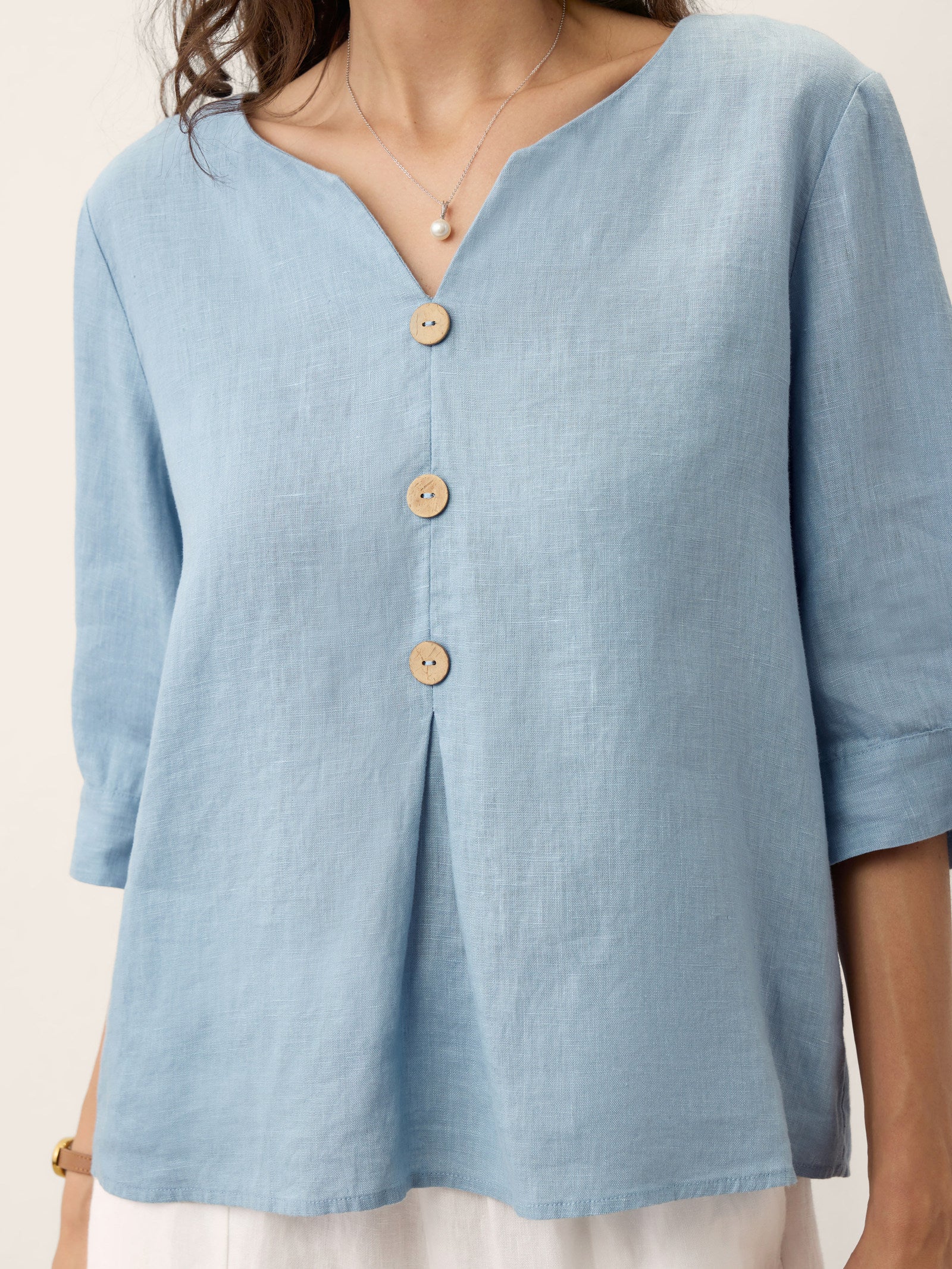 100% Linen Split Neck Inverted Pleat Top TABITHA