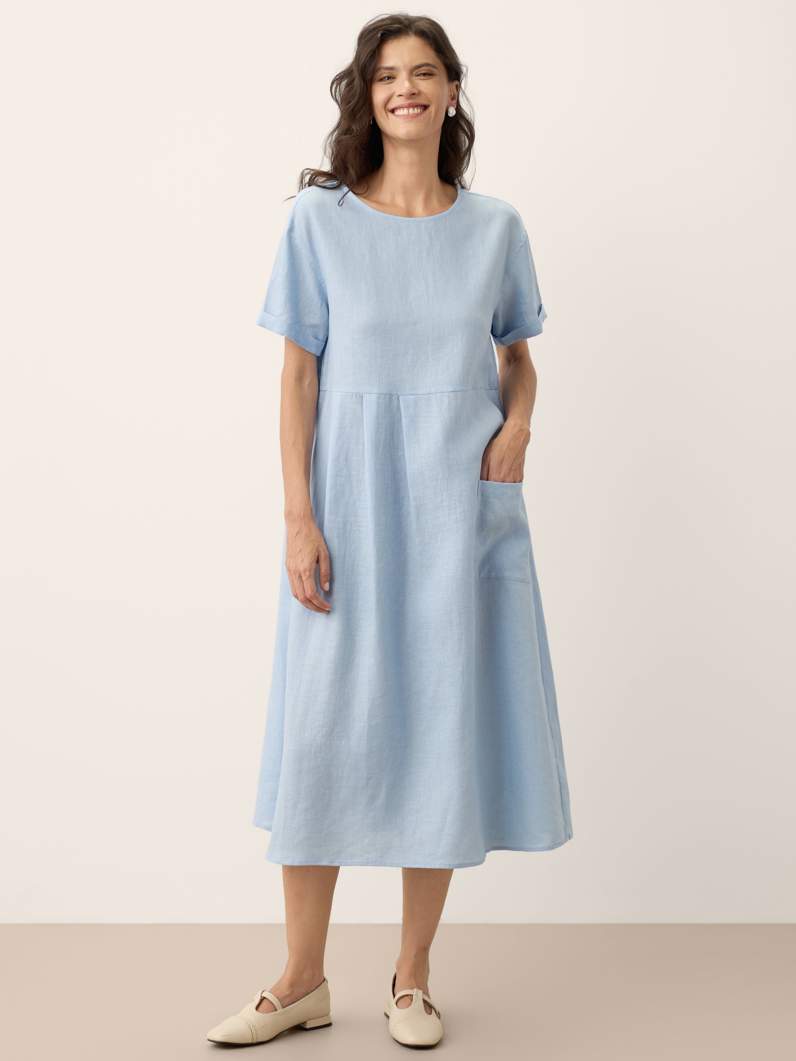 100% Linen Pinstripe Paneled Short-Sleeved Dress MORGAN
