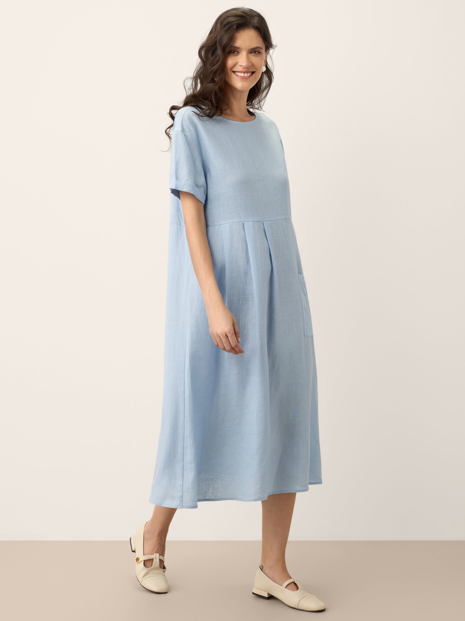100% Linen Pinstripe Paneled Short-Sleeved Dress MORGAN