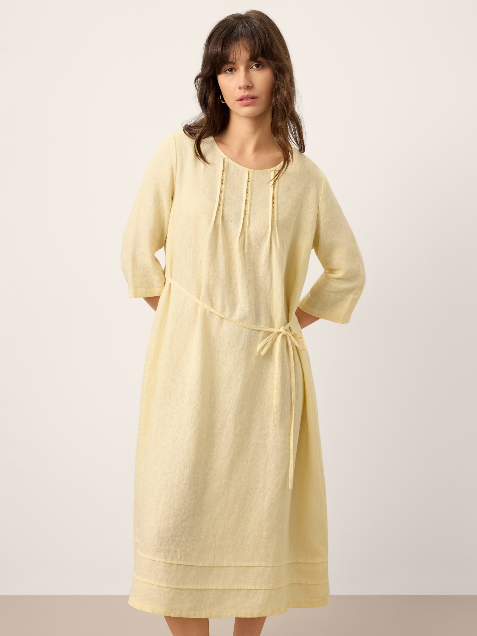 100% Linen Pintucked Embroidered Adjustable Belt Tiered Midi Dres VERENA