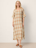 100% Linen Plaid Deep V-Neck Drop Shoulder Side Slit Midi Dress LESLIE