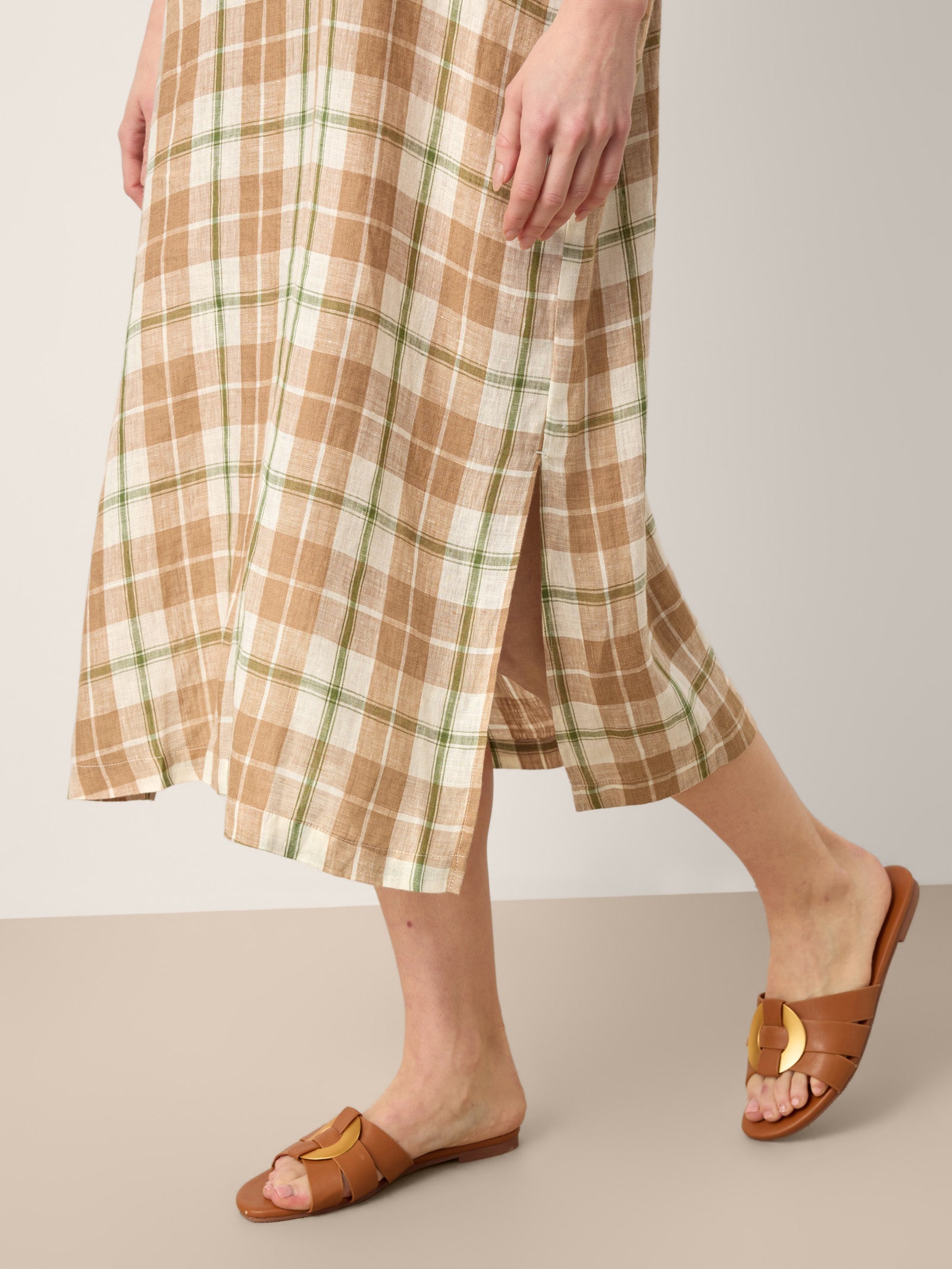 100% Linen Plaid Deep V-Neck Drop Shoulder Side Slit Midi Dress LESLIE