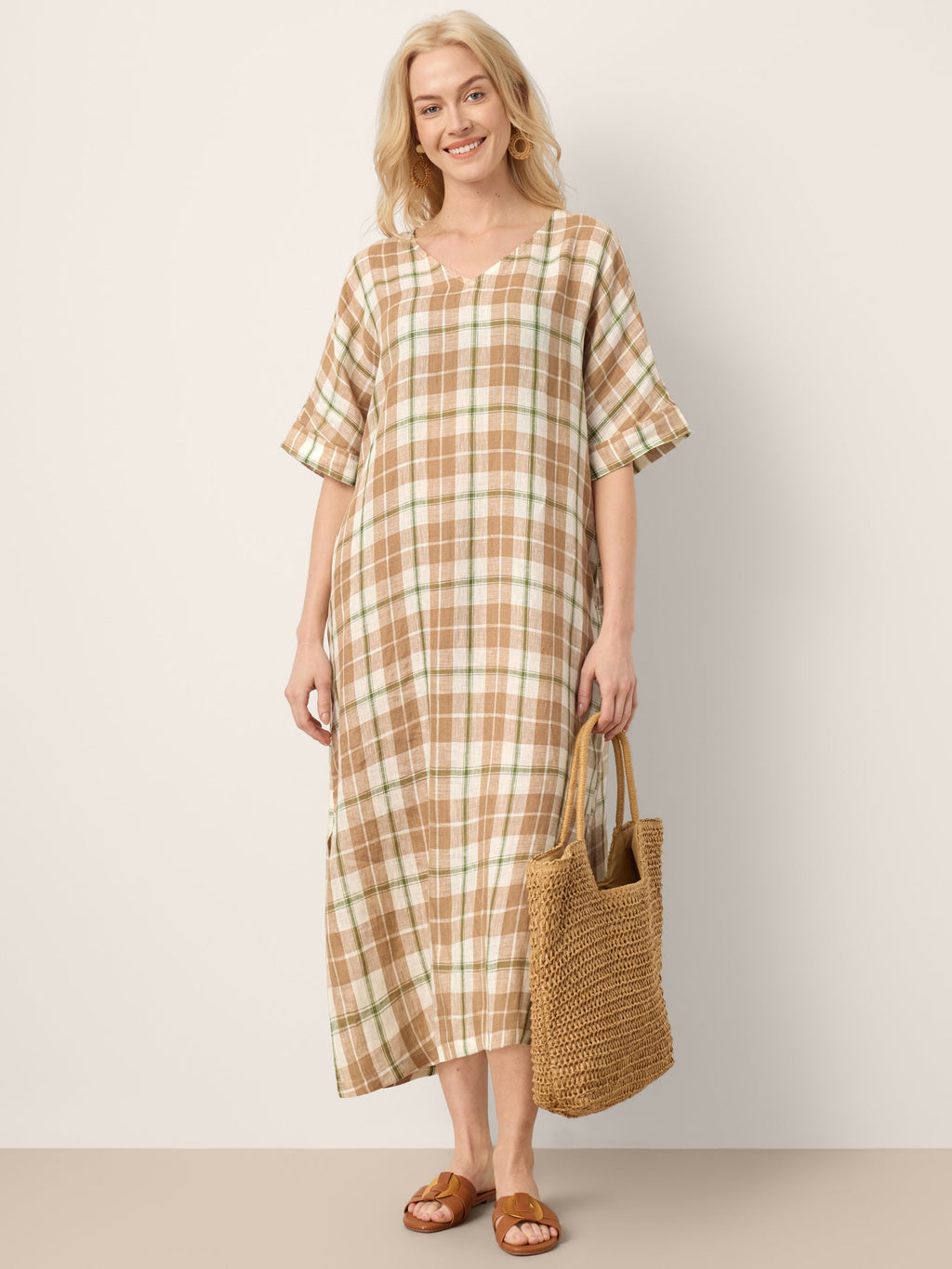 100% Linen Plaid Deep V-Neck Drop Shoulder Side Slit Midi Dress LESLIE