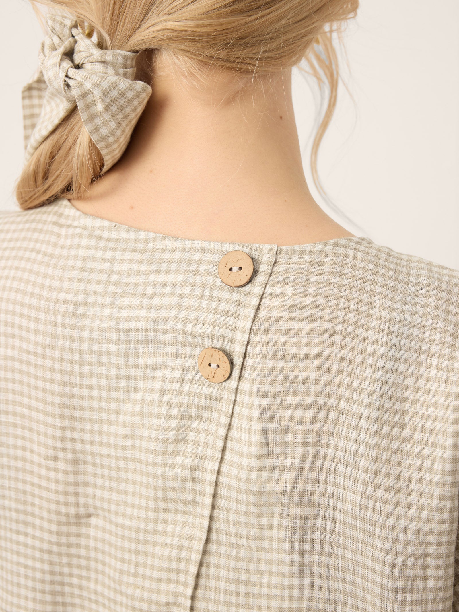 100% Linen Plaid Detachable Tie-Belt Split-Neck Top LEXIE
