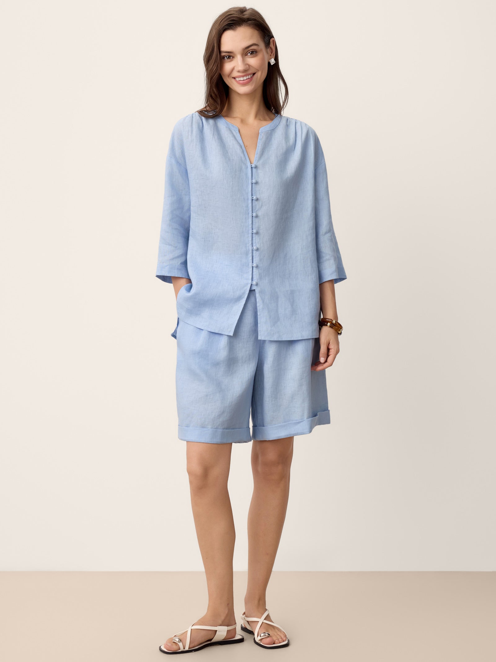 100% Linen Pleated Cuffed Shorts IRISSA