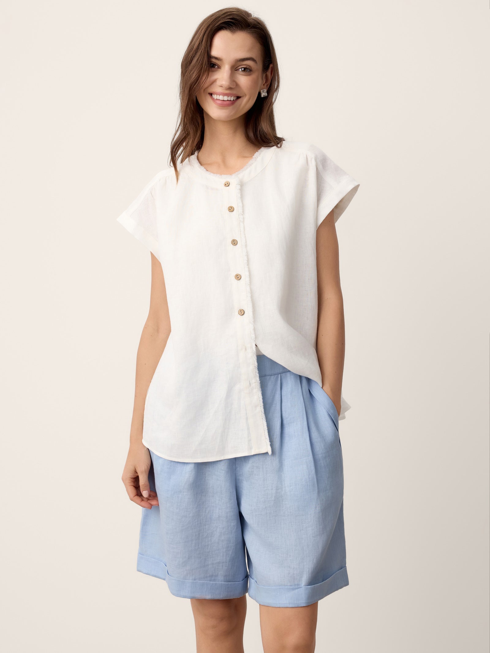 100% Linen Pleated Cuffed Shorts IRISSA