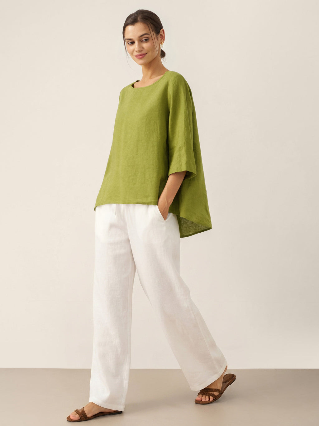 100% Linen Round Neck Asymmetrical Hem Top BRIANNA
