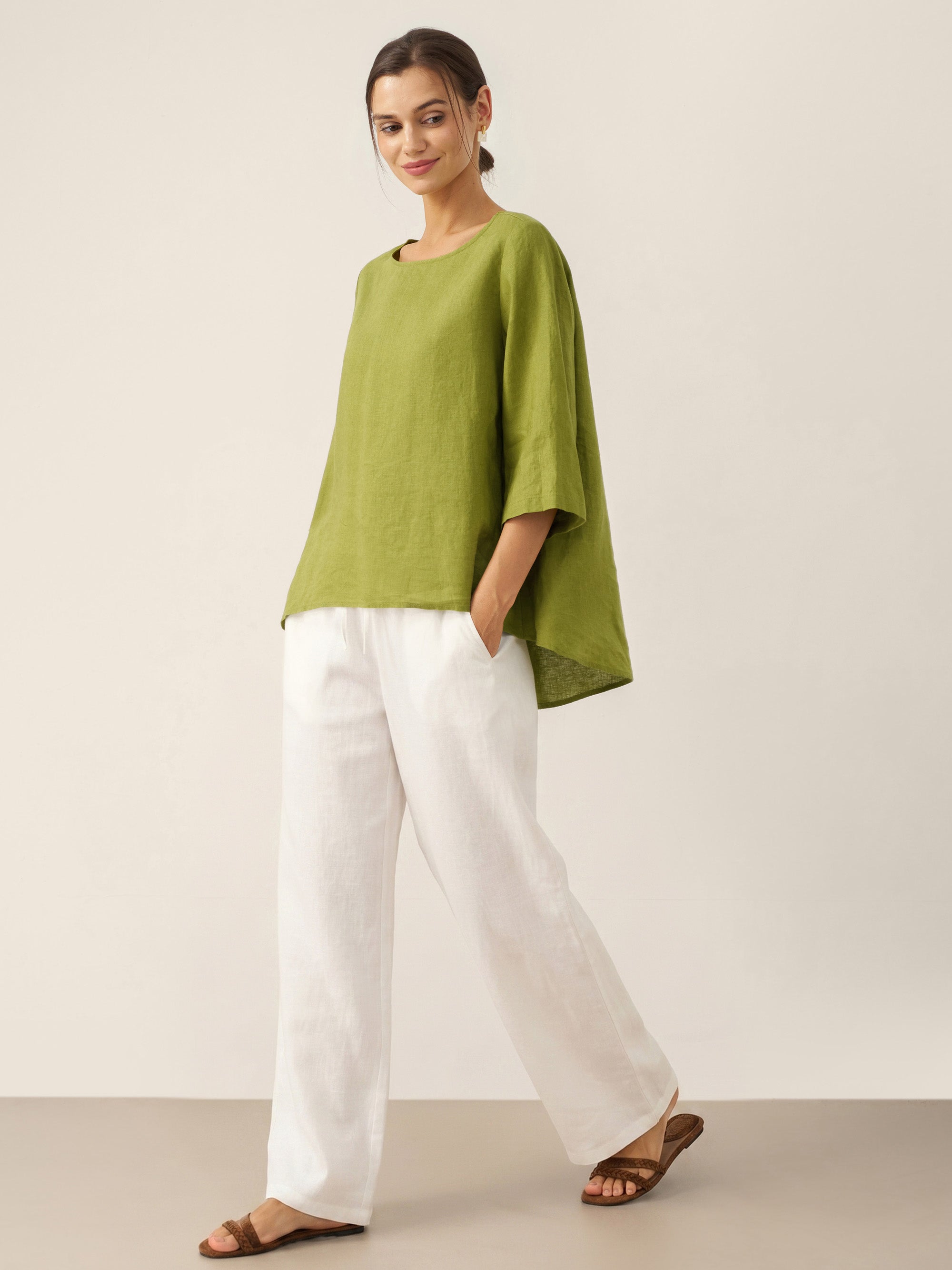 100% Linen Round Neck Asymmetrical Hem Top BRIANNA