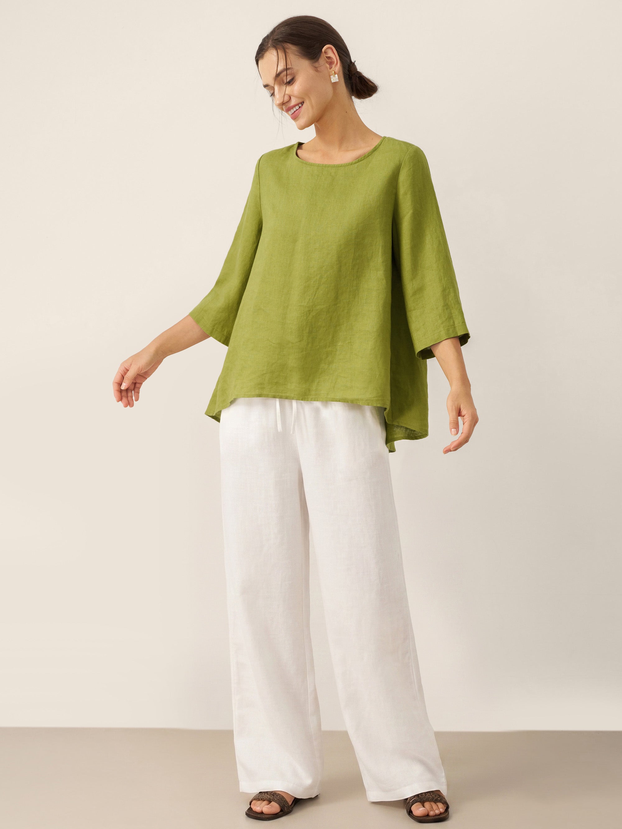 100% Linen Round Neck Asymmetrical Hem Top BRIANNA