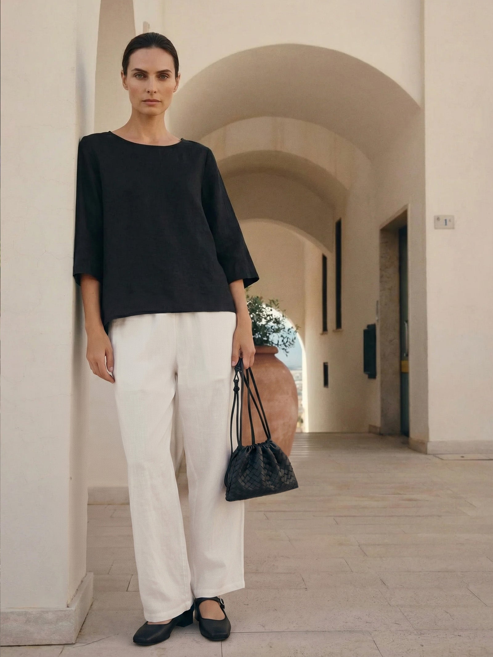 100% Linen Round Neck Asymmetrical Hem Top BRIANNA