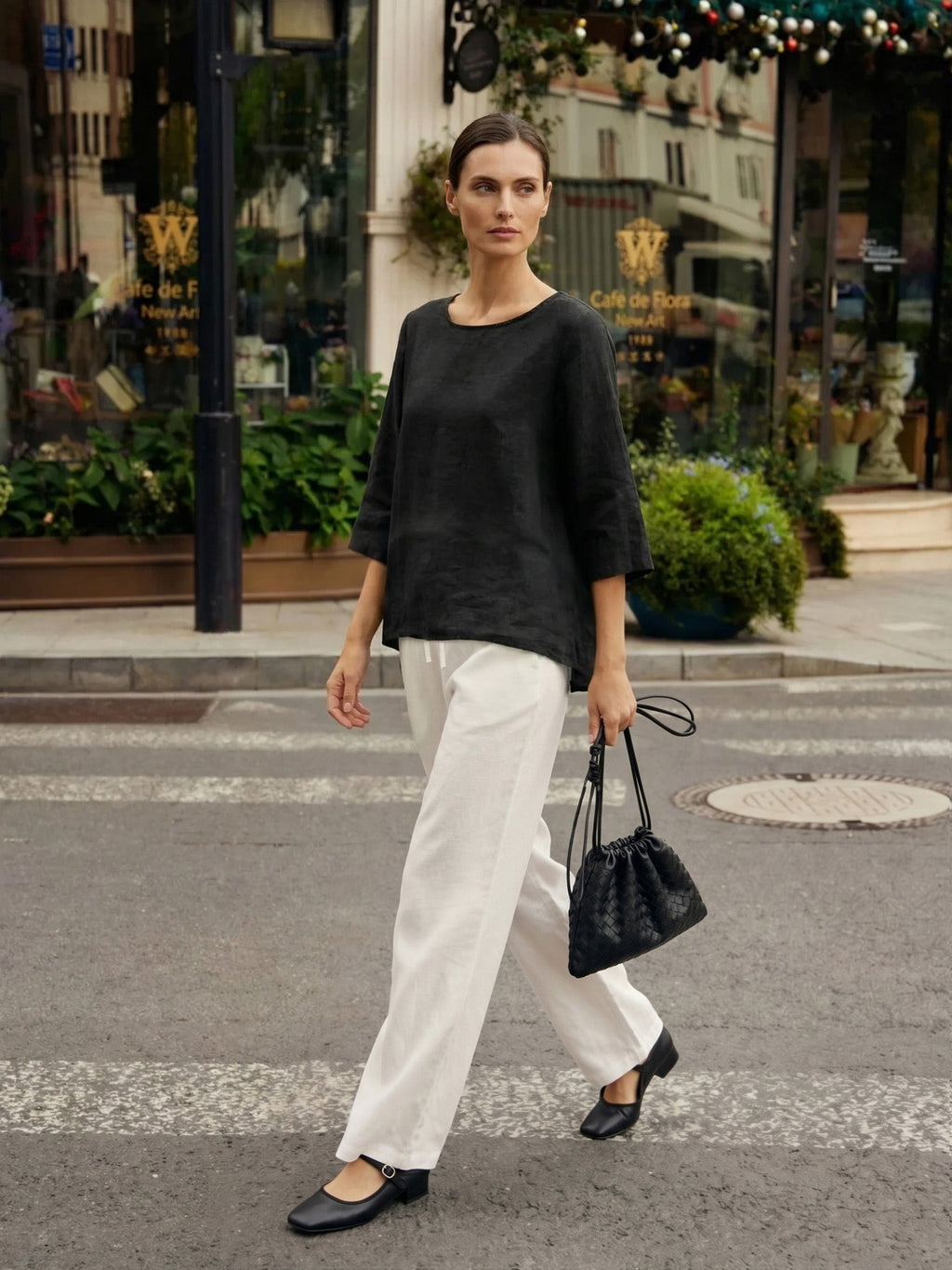 100% Linen Round Neck Asymmetrical Hem Top BRIANNA