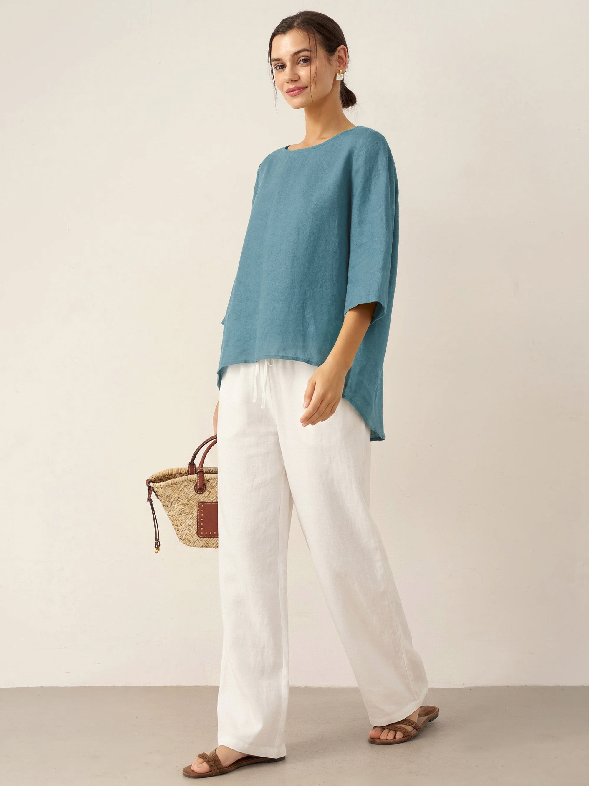 100% Linen Round Neck Asymmetrical Hem Top BRIANNA