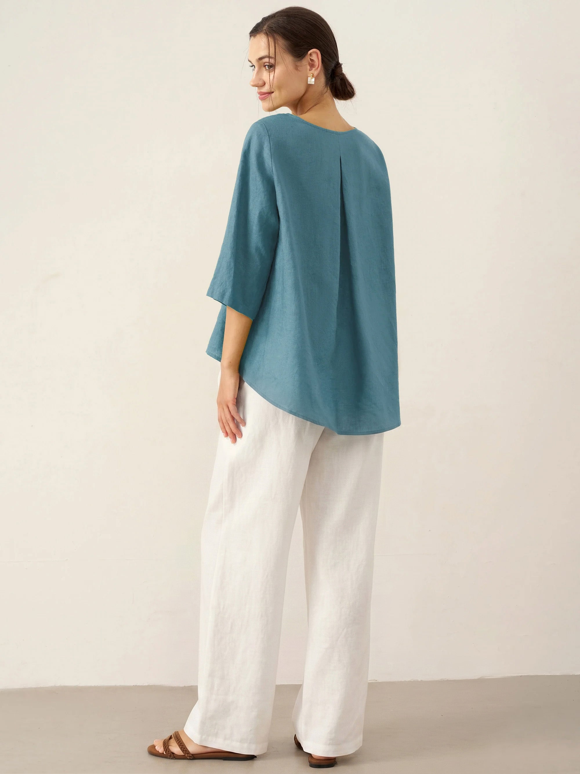 100% Linen Round Neck Asymmetrical Hem Top BRIANNA