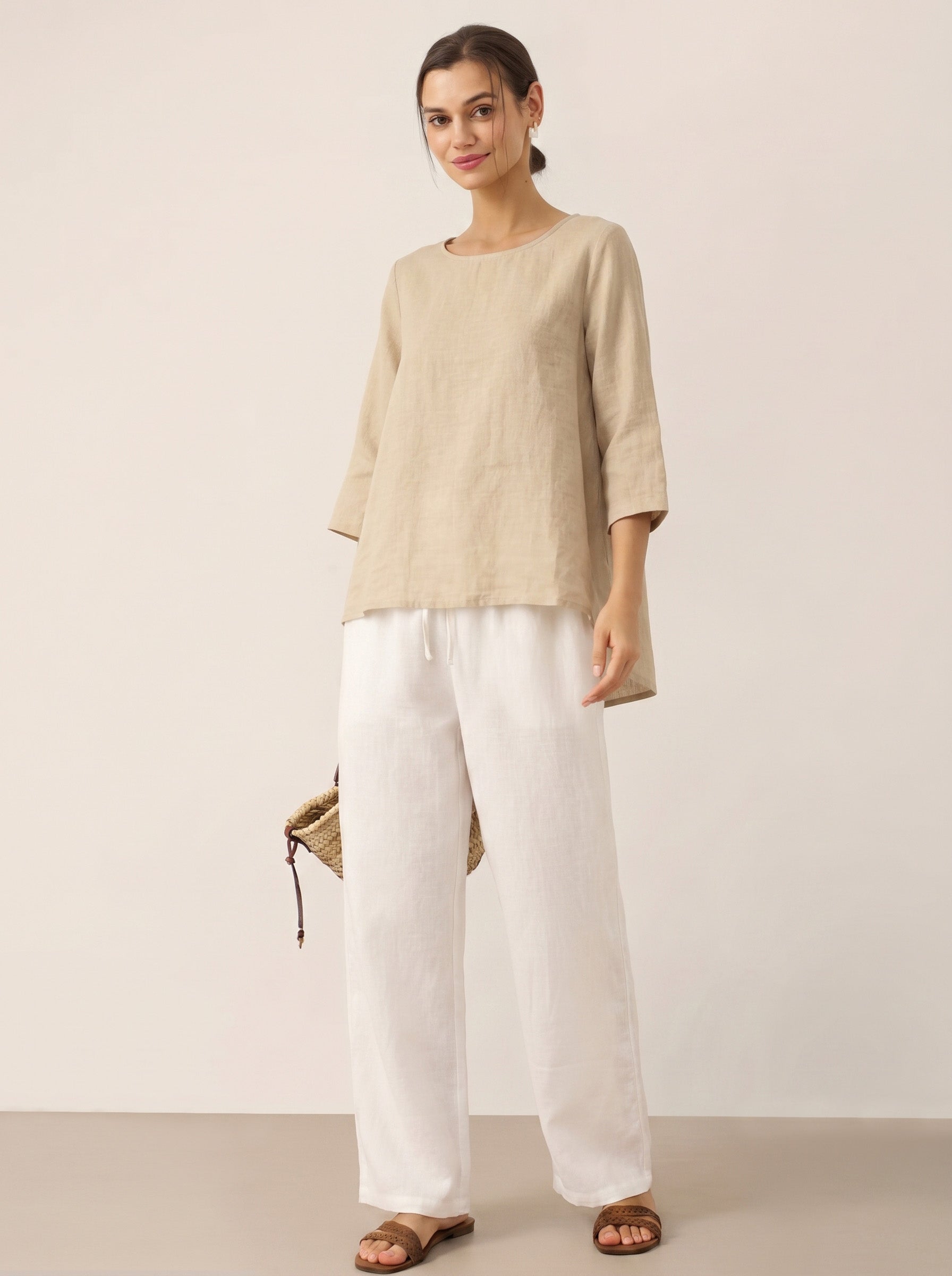 100% Linen Round Neck Asymmetrical Hem Top BRIANNA