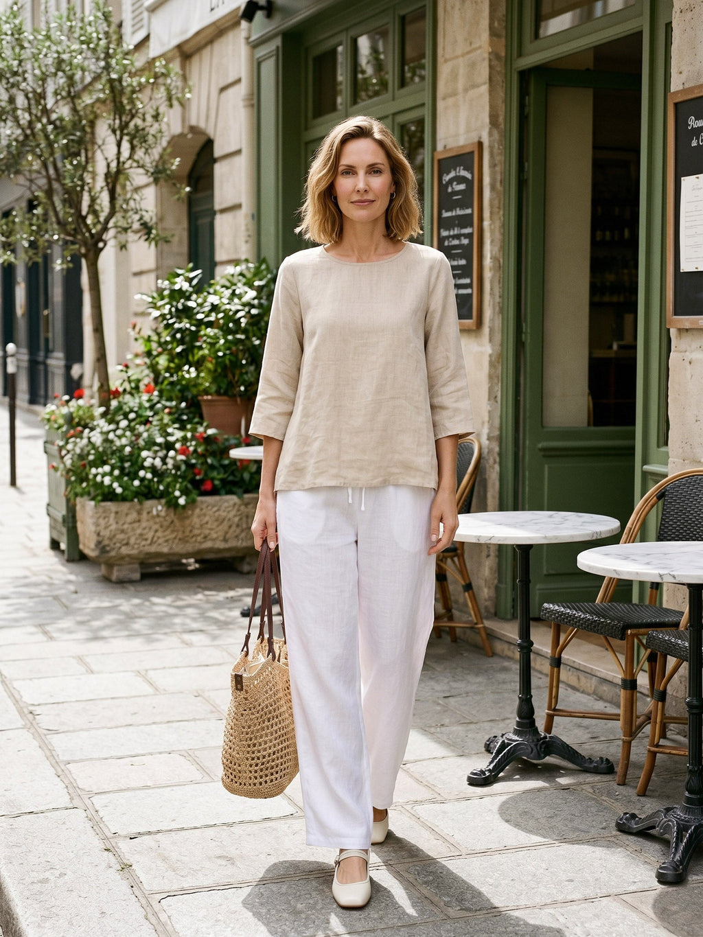 100% Linen Round Neck Asymmetrical Hem Top BRIANNA