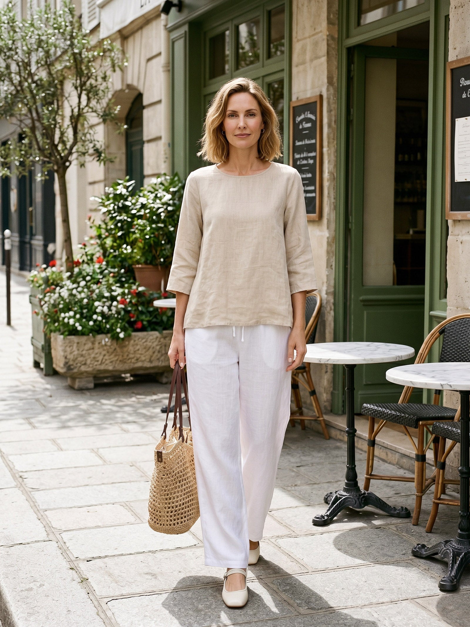 100% Linen Round Neck Asymmetrical Hem Top BRIANNA