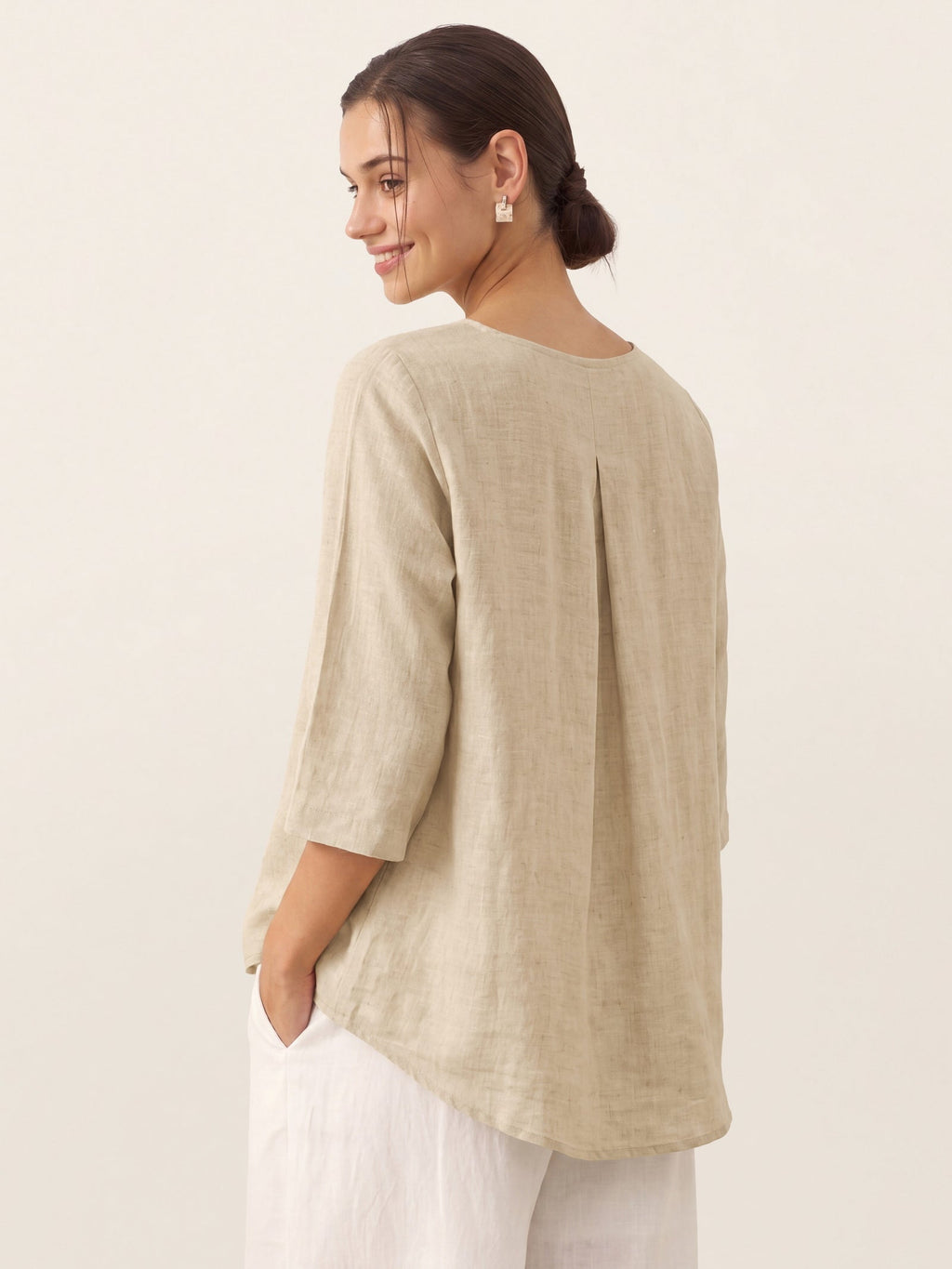 100% Linen Round Neck Asymmetrical Hem Top BRIANNA