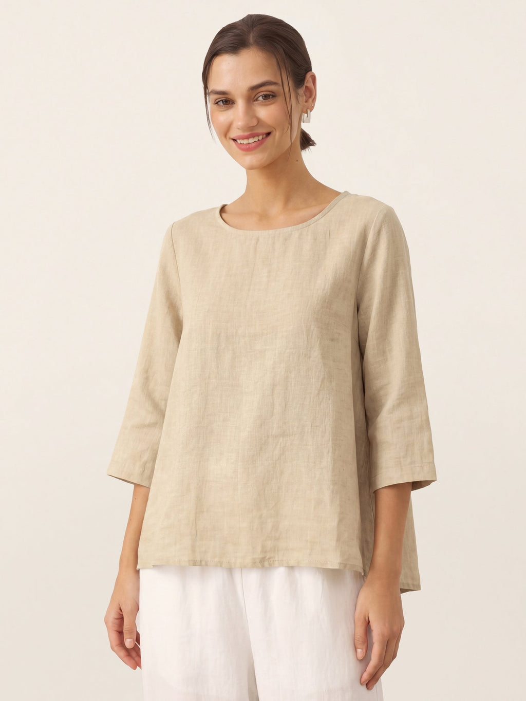 100% Linen Round Neck Asymmetrical Hem Top BRIANNA