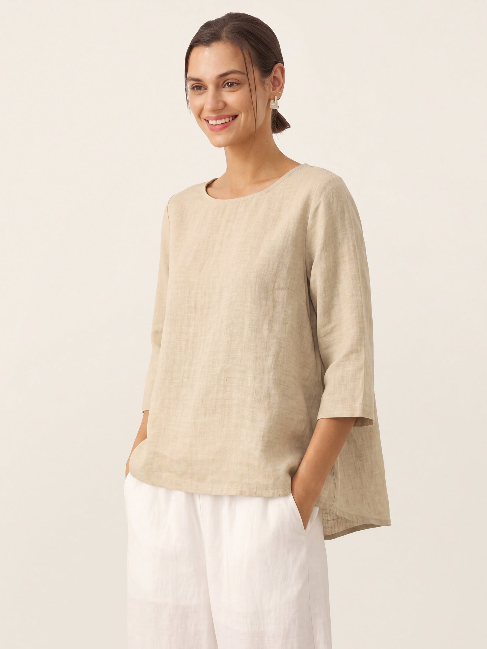 100% Linen Round Neck Asymmetrical Hem Top BRIANNA