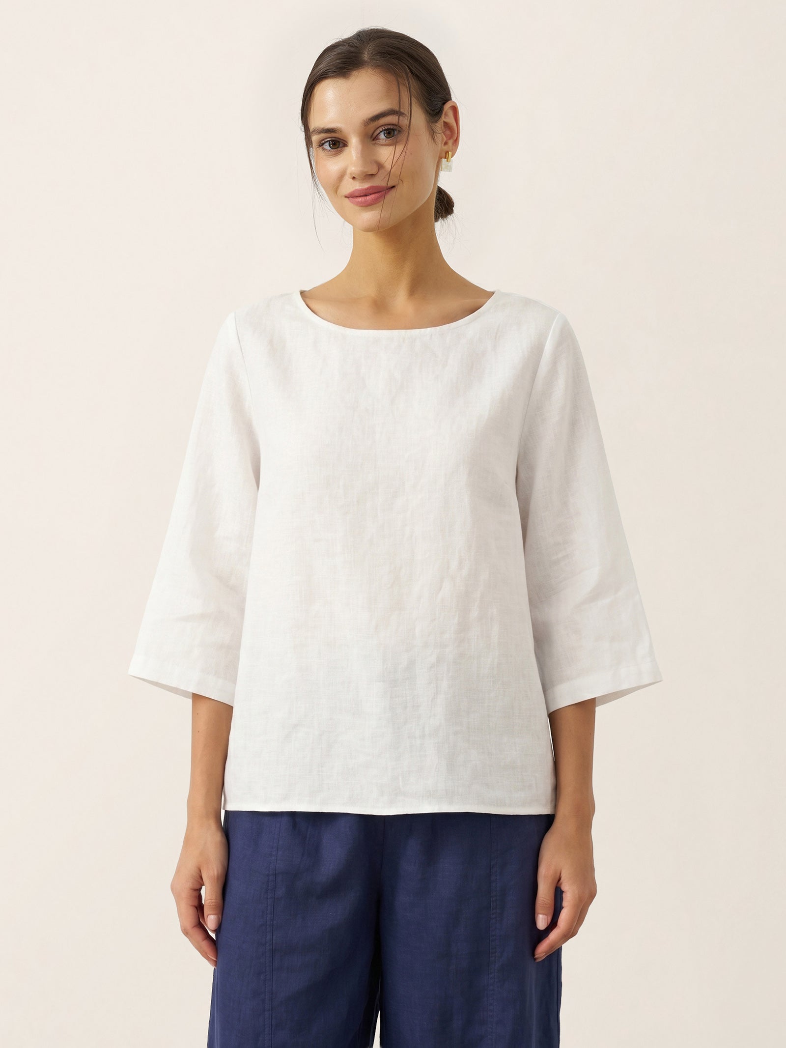 100% Linen Round Neck Asymmetrical Hem Top BRIANNA